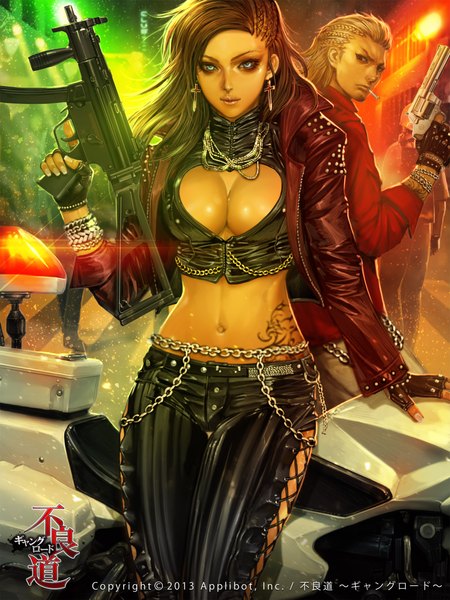 Anime picture 1600x2133 with furyou michi ~gang road~ original xaxak long hair tall image looking at viewer blue eyes light erotic blonde hair brown hair brown eyes open clothes open jacket midriff tattoo girl boy gloves navel weapon