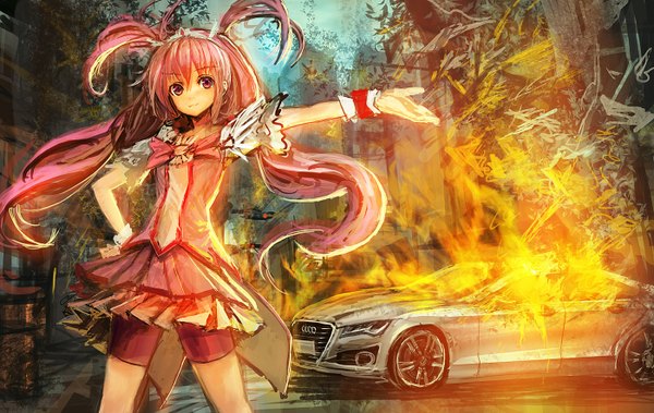Anime picture 1400x886 with precure smile precure! toei animation audi hoshizora miyuki cure happy lm7 (op-center) single long hair twintails pink hair pink eyes hand on hip girl dress fire ground vehicle car