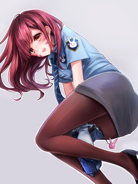 Anime picture 750x1000 with overwatch blizzard entertainment d.va (overwatch) officer d.va miya (zawarudo) single long hair tall image looking at viewer blush open mouth light erotic simple background brown eyes bent knee (knees) lying grey background alternate costume facial mark on side