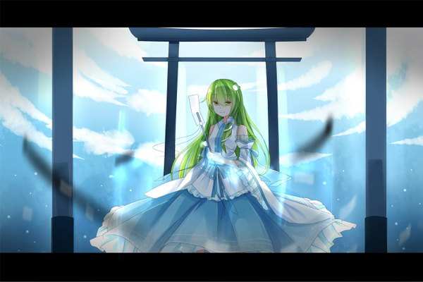Anime picture 1319x880 with touhou kochiya sanae single long hair looking at viewer green eyes cloud (clouds) green hair letterboxed girl dress hair ornament detached sleeves hair tubes