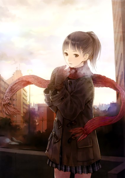 Anime picture 2449x3475 with original traditional white (artbook) kishida mel single tall image highres short hair brown hair brown eyes ponytail wind steam cold girl skirt gloves scarf building (buildings) coat red scarf