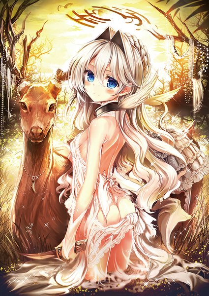 Anime picture 638x900 with original akabane (zebrasmise) single long hair tall image blush blue eyes light erotic ass white hair horn (horns) girl dress animal knife deer