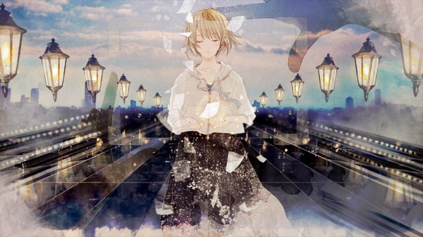 Anime picture 1280x720 with original penchop single fringe short hair blonde hair wide image standing sky cloud (clouds) eyes closed wind outstretched arm city girl lantern paper hands bridge