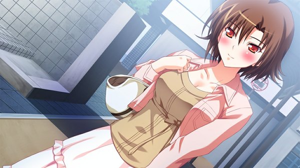 Anime picture 1024x576 with primary step blush short hair red eyes brown hair wide image game cg girl