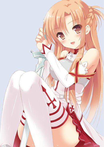 Anime picture 627x882 with sword art online a-1 pictures yuuki asuna pan (mimi) single long hair tall image blush open mouth simple background smile brown hair brown eyes braid (braids) pleated skirt purple background girl thighhighs skirt weapon
