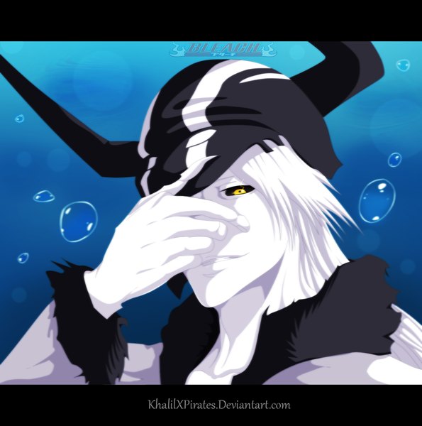 Anime picture 1390x1402 with bleach studio pierrot kurosaki ichigo khalilxpirates single long hair tall image looking at viewer smile yellow eyes white hair traditional clothes japanese clothes fingernails teeth portrait letterboxed long fingernails underwater white skin