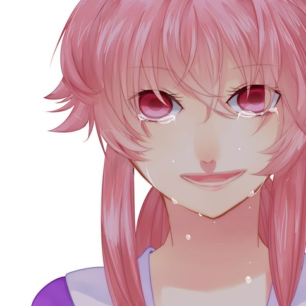 Anime picture 1024x1024 with mirai nikki gasai yuno single looking at viewer fringe open mouth simple background white background pink hair pink eyes tears happy close-up crying girl