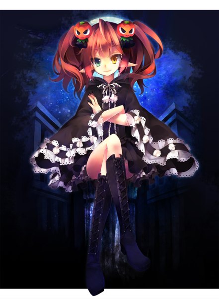 Anime picture 1350x1836 with original pixiv fantasia ringpearl (artist) single tall image red hair pointy ears night heterochromia crossed legs crossed arms girl boots vegetables pumpkin