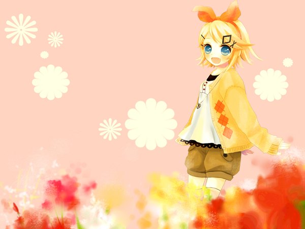 Anime picture 1600x1200 with vocaloid kagamine rin short hair open mouth blue eyes blonde hair wallpaper happy pink background girl thighhighs hair ornament flower (flowers) bow hair bow white thighhighs shorts hairclip pendant