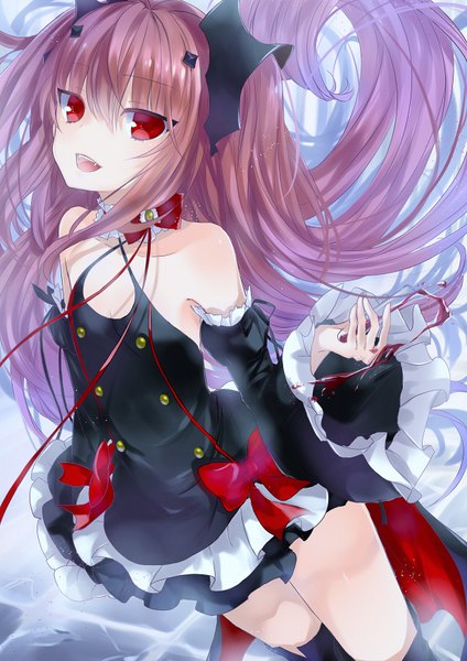 Anime picture 1240x1753 with owari no seraph wit studio kururu tepes jne*jing jne single long hair tall image looking at viewer fringe open mouth smile hair between eyes red eyes twintails bare shoulders pink hair arm up wind wide sleeves
