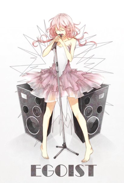 Anime picture 1050x1540 with guilty crown production i.g yuzuriha inori yoma (pixiv) single long hair tall image standing twintails pink hair eyes closed barefoot inscription text girl dress hair ornament hairclip microphone microphone stand