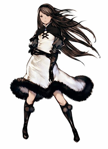 Anime picture 800x1100 with bravely default: flying fairy agnes oblige yoshida akihiko single long hair tall image looking at viewer brown hair standing white background brown eyes parted lips girl dress gloves elbow gloves white dress thigh boots winter clothes