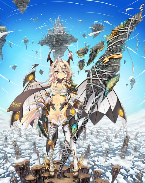 Anime picture 1652x2073 with glycyrrhizae single long hair tall image blue eyes blonde hair cloud (clouds) horn (horns) rock girl thighhighs gloves navel wings bandage (bandages) flying castle