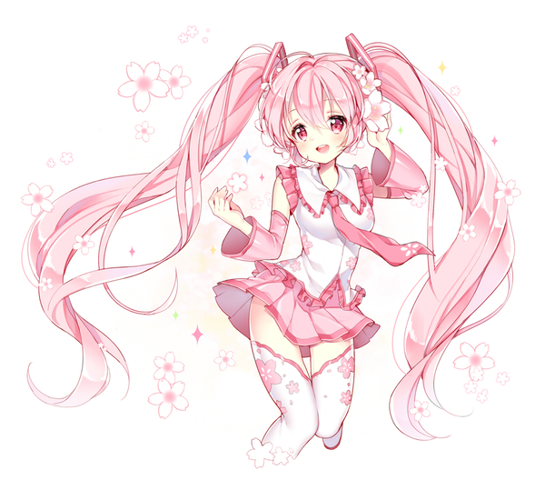 Anime picture 1000x880 with vocaloid hatsune miku sakura miku pingo single blush fringe open mouth simple background hair between eyes white background twintails looking away pink hair very long hair pleated skirt pink eyes hair flower zettai ryouiki floral background