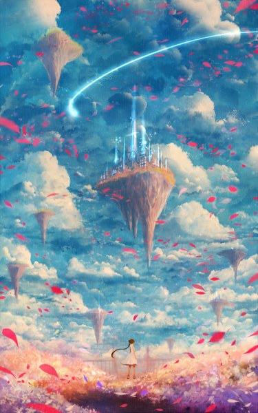 Anime picture 637x1020 with original bounin single long hair tall image brown hair standing sky cloud (clouds) wind from behind back glowing field floating island girl dress flower (flowers) petals short dress