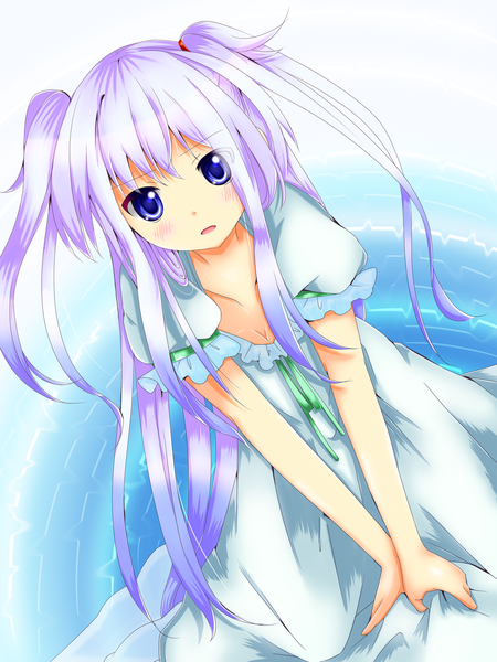 Anime picture 2400x3200 with original hakuryu02 single long hair tall image looking at viewer blush highres blue eyes purple hair girl dress water
