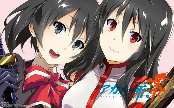 Anime picture 1920x1200 with akame ga kill! white fox akame (akame ga kill!) kurome (akame ga kill!) kei toru long hair looking at viewer blush highres short hair open mouth black hair smile red eyes twintails multiple girls holding siblings sisters girl