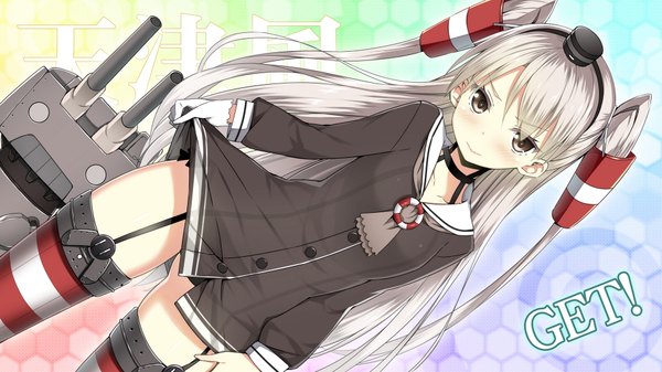 Anime picture 1920x1080 with kantai collection amatsukaze destroyer rensouhou-kun sky-freedom single long hair looking at viewer blush highres light erotic wide image silver hair grey eyes two side up girl thighhighs gloves hair ornament weapon hat