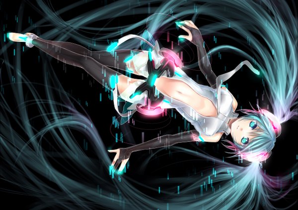 Anime picture 2480x1748 with vocaloid vocaloid append hatsune miku hatsune miku (append) highres twintails green eyes green hair black background girl detached sleeves