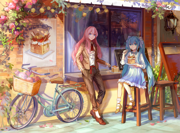 Anime picture 1366x1014 with vocaloid hatsune miku megurine luka achyue long hair looking at viewer blue eyes sitting twintails multiple girls pink hair aqua hair eating hand in pocket casual girl dress flower (flowers) ribbon (ribbons) 2 girls