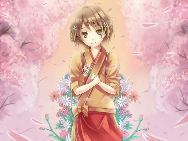 Anime picture 1600x1200 with hanasaku iroha p.a. works matsumae ohana single looking at viewer short hair blonde hair smile brown eyes traditional clothes cherry blossoms girl hair ornament flower (flowers) plant (plants) petals tree (trees)