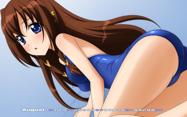 Anime picture 1920x1200 with original wave ride single long hair blush highres blue eyes light erotic brown hair ass calendar 2014 girl swimsuit calendar