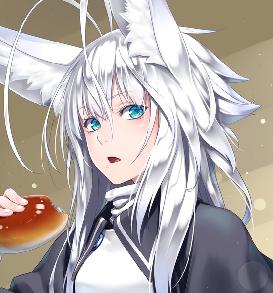 Anime picture 1100x1180 with original kentairui single long hair tall image looking at viewer fringe short hair simple background hair between eyes holding animal ears ahoge white hair aqua eyes fox ears gradient background lens flare fox girl brown background