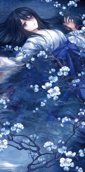 Anime picture 444x891 with fatal frame fatal frame 3 yukishiro reika kuze reika yusa single long hair tall image looking at viewer fringe blue eyes black hair lying traditional clothes japanese clothes miko girl flower (flowers) bow ribbon (ribbons)