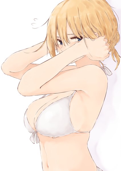 Anime picture 1254x1771 with original kinpatsu-chan (rutchifu) rutchifu single tall image blush fringe short hair blue eyes light erotic simple background blonde hair hair between eyes white background bare shoulders looking away upper body profile arms up embarrassed