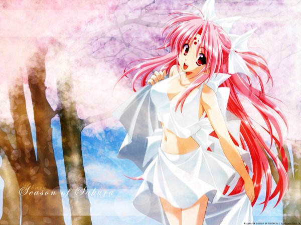 Anime picture 1600x1200 with girls bravo miharu sena kanaka mario kaneda lensterknight single long hair looking at viewer breasts open mouth red eyes standing signed pink hair red hair :d midriff wallpaper third-party edit forehead mark girl