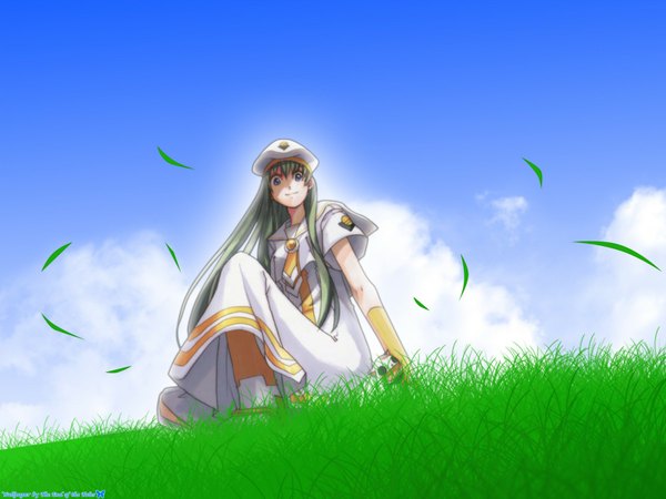 Anime picture 1600x1200 with aria alice carroll president maa single long hair looking at viewer blue eyes sitting sky cloud (clouds) bent knee (knees) outdoors green hair wind short sleeves dutch angle looking down horizon crazy eyes girl