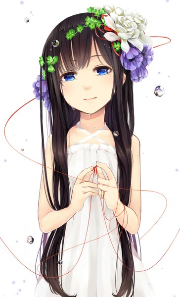 Anime picture 1000x1645 with original ao no neko single long hair tall image looking at viewer fringe blue eyes black hair simple background smile white background hair flower crying girl dress hair ornament flower (flowers) sundress thread