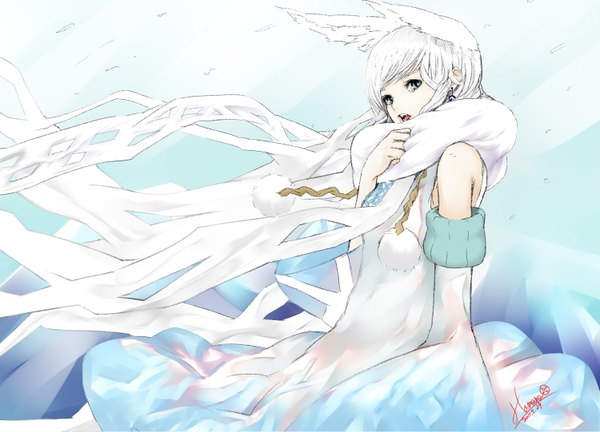 Anime picture 1500x1081 with original null (artist) single looking at viewer fringe short hair open mouth standing bare shoulders signed animal ears white hair aqua eyes wind teeth girl dress detached sleeves earrings scarf
