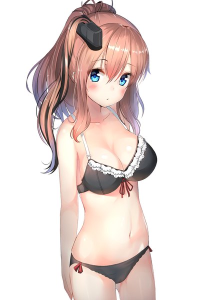 Anime picture 1240x1772 with kantai collection saratoga (kantai collection) gin00 single long hair tall image looking at viewer blush fringe breasts blue eyes light erotic simple background hair between eyes brown hair large breasts white background ponytail underwear only ass visible through thighs