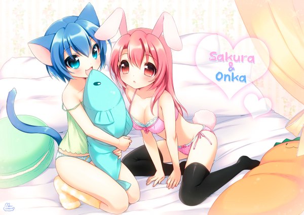 Anime picture 1400x991 with original onka sakura (usashiro mani) usashiro mani long hair blush short hair blue eyes light erotic red eyes multiple girls animal ears blue hair red hair cat ears cat girl cat tail bunny ears character names underwear only