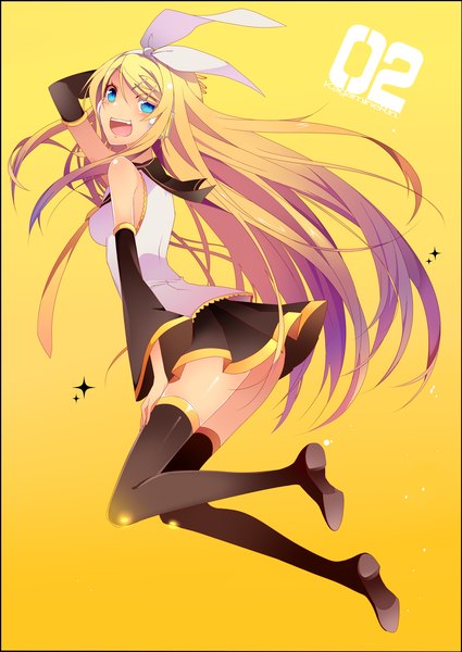 Anime picture 2507x3540 with vocaloid kagamine rin temari (deae) single long hair tall image looking at viewer highres open mouth blue eyes simple background blonde hair jumping yellow background future style (module) girl bow hair bow detached sleeves headphones