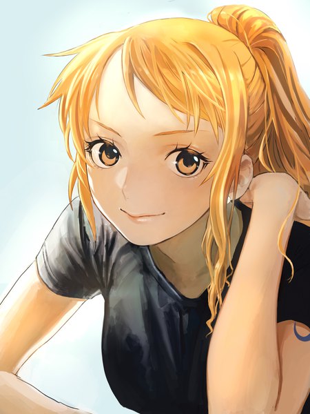 Anime picture 2048x2732 with one piece toei animation nami (one piece) 4myaku1 single long hair tall image looking at viewer highres simple background smile upper body ponytail orange hair orange eyes blue background girl t-shirt