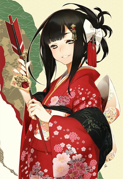 Anime picture 689x1000 with original 92m single long hair tall image looking at viewer blush open mouth black hair smile yellow eyes traditional clothes japanese clothes floral print new year girl hair ornament ribbon (ribbons) hair ribbon kimono