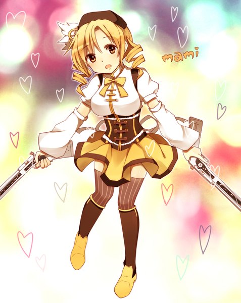 Anime picture 1590x2000 with mahou shoujo madoka magica shaft (studio) tomoe mami yuragiyura single tall image looking at viewer blush short hair open mouth blonde hair brown eyes character names drill hair curly hair girl skirt hair ornament weapon heart