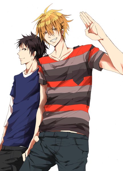 Anime picture 1164x1618 with ao no exorcist a-1 pictures shima kinzou shima juuzou yuki (fuguneko) tall image short hair black hair simple background blonde hair smile white background brown eyes yellow eyes profile multiple boys grin striped hands in pockets boy