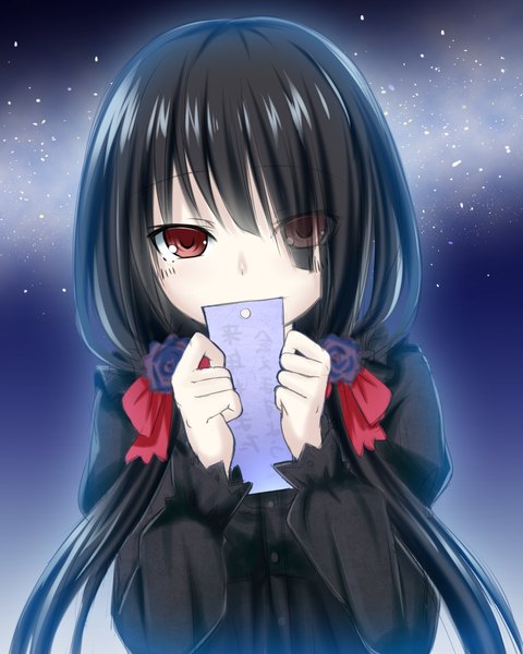 Anime picture 2000x2500 with date a live tokisaki kurumi sigemi single long hair tall image looking at viewer fringe highres black hair twintails sky hair over one eye heterochromia low twintails covering covered mouth tanabata girl dress