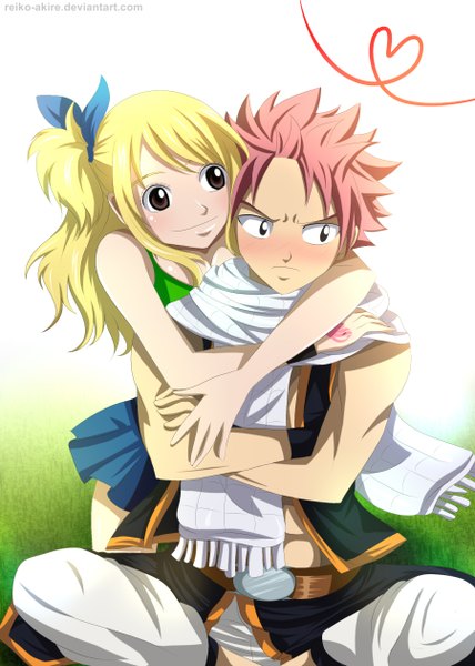 Anime picture 1800x2520 with fairy tail lucy heartfilia natsu dragneel reiko-akire long hair tall image blush highres short hair blonde hair smile brown eyes pink hair pleated skirt black eyes tattoo hug one side up crossed arms heart of string