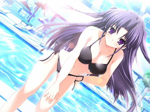 Anime picture 1600x1200 with lyrical lyric takami rin mikeou single long hair looking at viewer blush breasts light erotic smile purple eyes bare shoulders game cg purple hair bare belly bare legs wallpaper girl navel ribbon (ribbons)