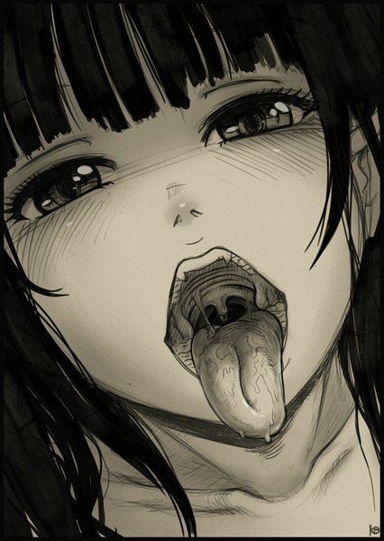 Anime picture 710x1000 with karbo single long hair tall image looking at viewer blush open mouth black hair black eyes monochrome saliva girl tongue