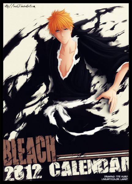 Anime picture 862x1200 with bleach studio pierrot kurosaki ichigo law67 single tall image looking at viewer short hair brown eyes traditional clothes japanese clothes orange hair inscription coloring torn clothes boy kimono