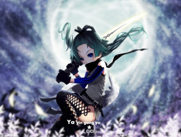 Anime picture 1514x1148 with vocaloid vocaloid china luo tianyi cici single long hair blue eyes green hair girl gloves hair ornament weapon detached sleeves sword scarf