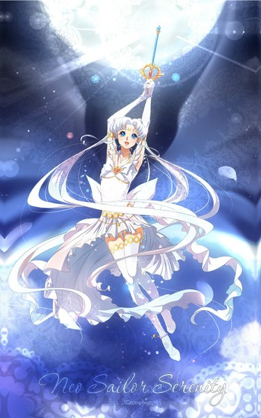 Anime picture 1000x1600 with bishoujo senshi sailor moon toei animation tsukino usagi sailor moon princess serenity kaminary single long hair tall image open mouth blue eyes twintails silver hair white hair very long hair light happy flying crescent girl
