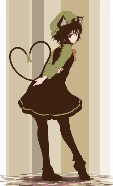 Anime picture 876x1440 with touhou chen kachayori single tall image looking at viewer short hair brown hair brown eyes animal ears tail animal tail from behind cat ears cat tail turning head multiple tails girl dress pantyhose