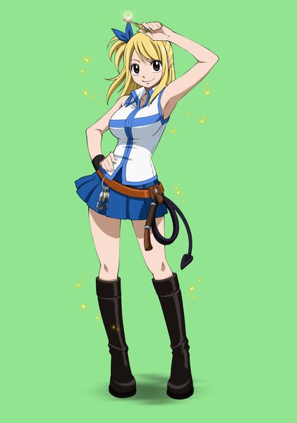 Anime picture 3172x4517 with fairy tail lucy heartfilia single long hair tall image highres blonde hair simple background smile brown eyes absurdres armpit (armpits) sleeveless hand on hip one side up magic girl skirt thigh boots wristlet