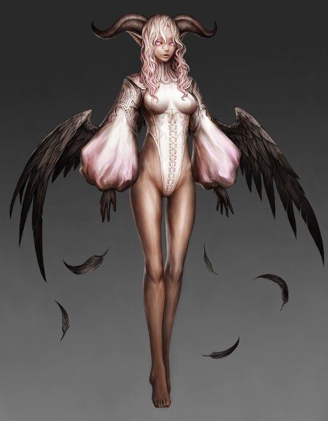 Anime picture 1500x1921 with original nabe (artist) single long hair tall image simple background purple eyes white hair barefoot horn (horns) lips pointy ears realistic midriff legs dark skin angel wings black wings brown background demon